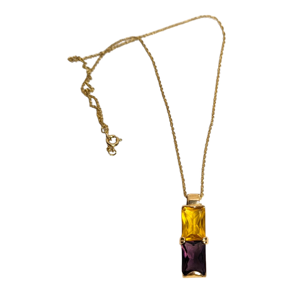 Roman Gold Tone Necklace with Purple & Yellow Rhinestone Rectangular Pendant Vtg